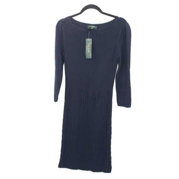 Lauren ralph lauren blue cableknit sweater dress womens size medium boatneck - Picture 14 of 16